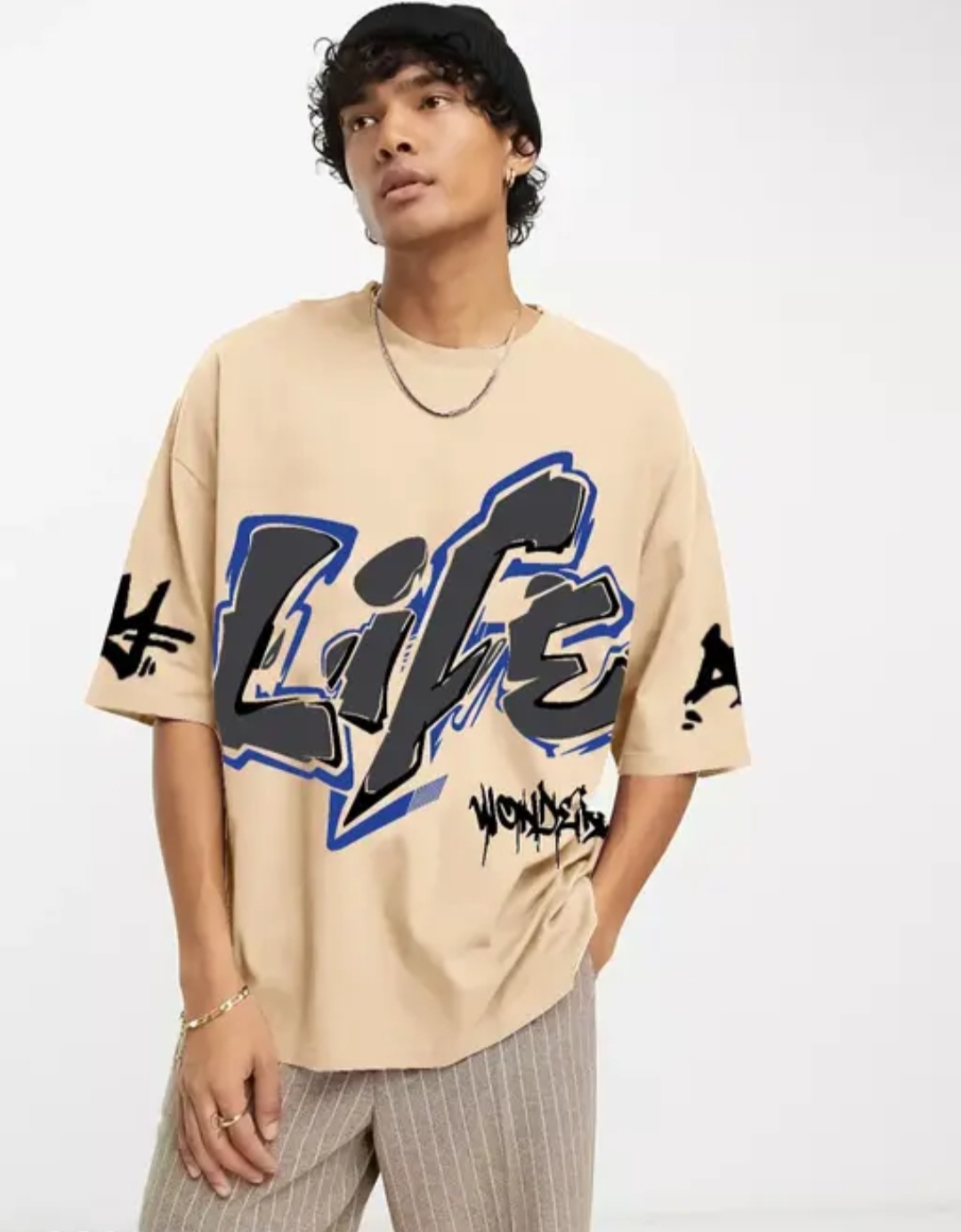 Men's Typography Slim Round Cream Tshirt